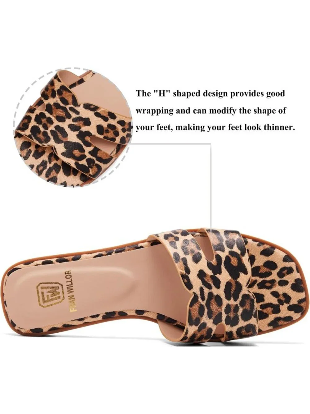 Women's Leopard Flat Comfortable Slide Fashion Square Open Toe Slip Beach Sandal